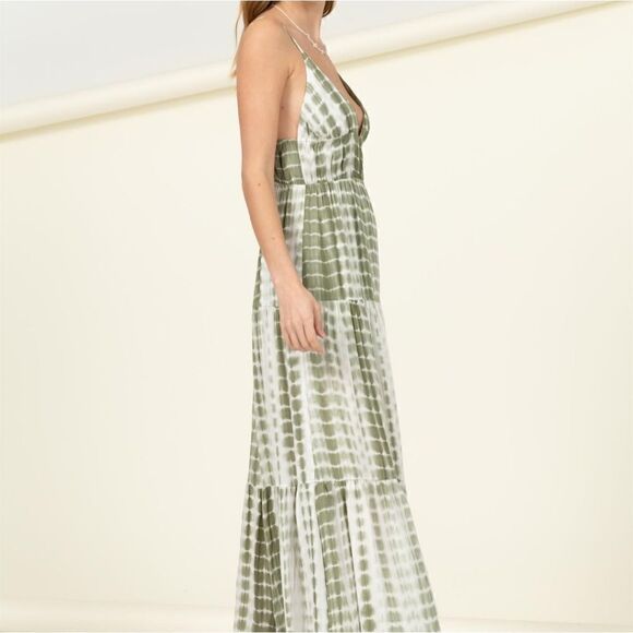 🎁3/$30🎁 Tie Dye Cut Out Open Back Maxi Boho Olive Dress Sz M - Picture 4 of 11